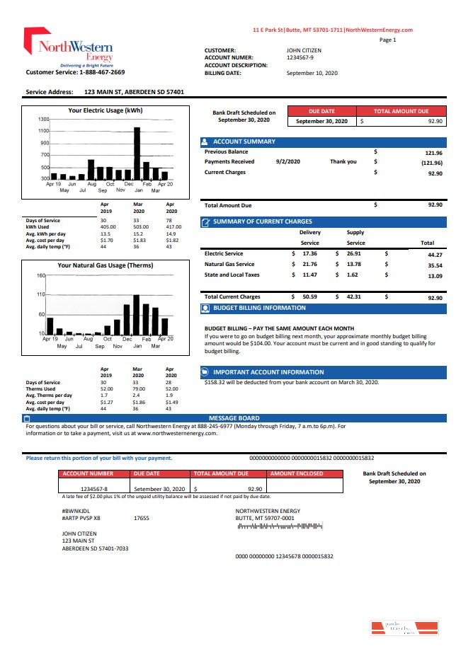 USA NorthWestern Energy utility bill template in Word and PDF format, version 2
